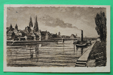 AK Regensburg / 1931 / Künstler Karte / Brücke Dampfschiff Häuser